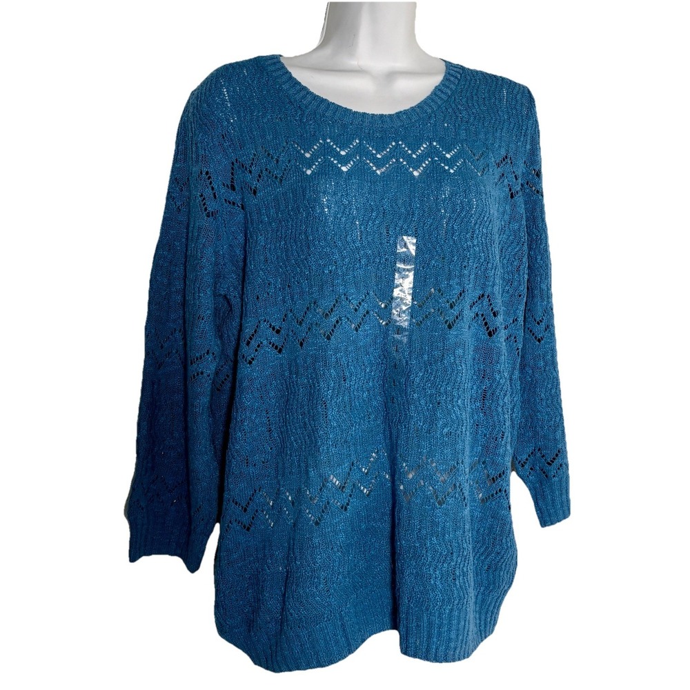 Jones New York Sport Women L Sweater Blue Open Knit Round Neck 3/4 SL Cruise